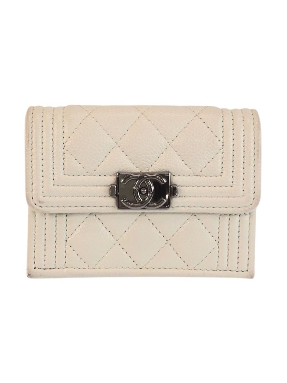 Chanel CC Logo White Silver Leather Fold Wallet Compact